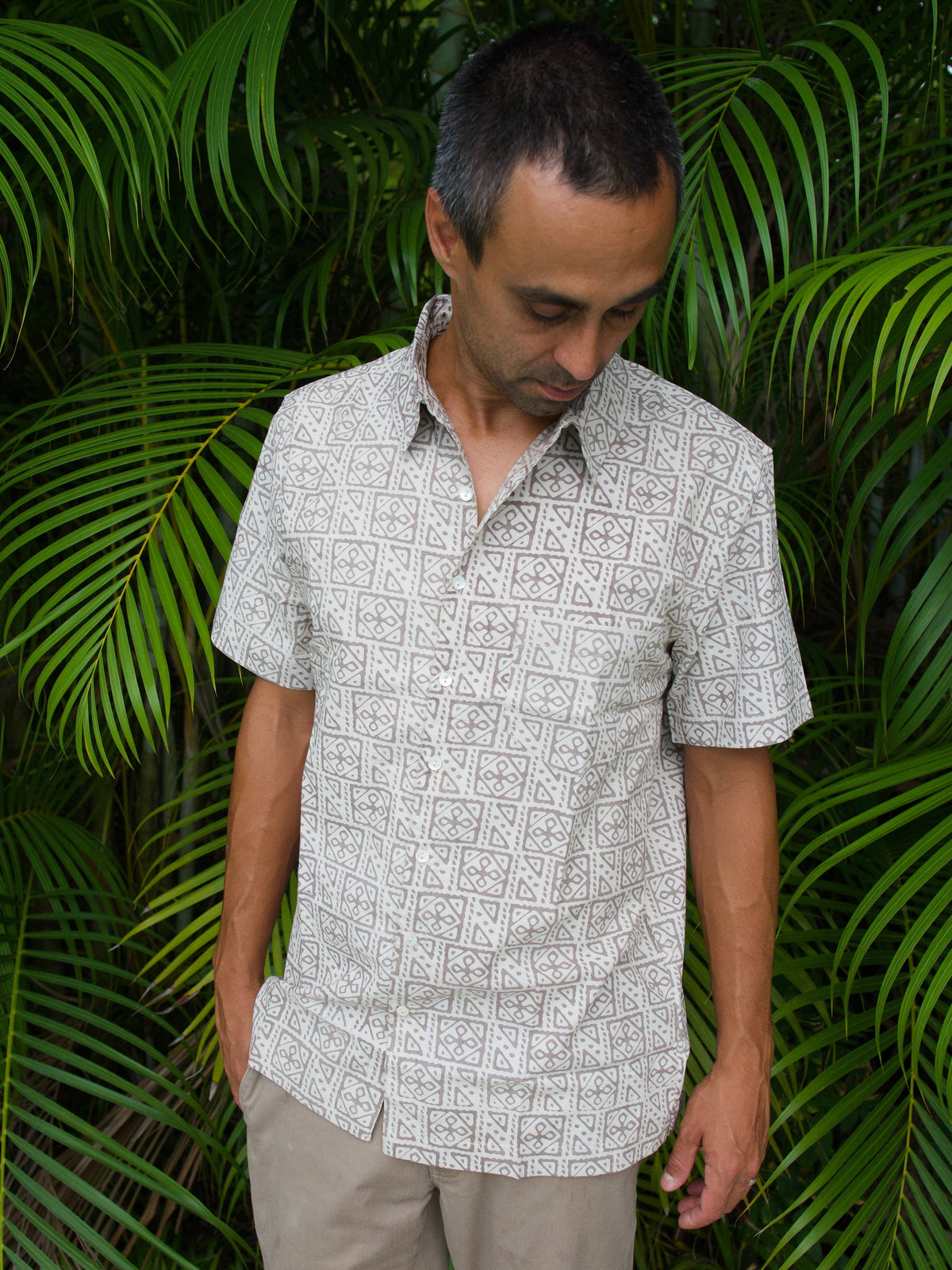 Mens Short Sleeve Button Down - ORGANIC COTTON -  Sand Stone