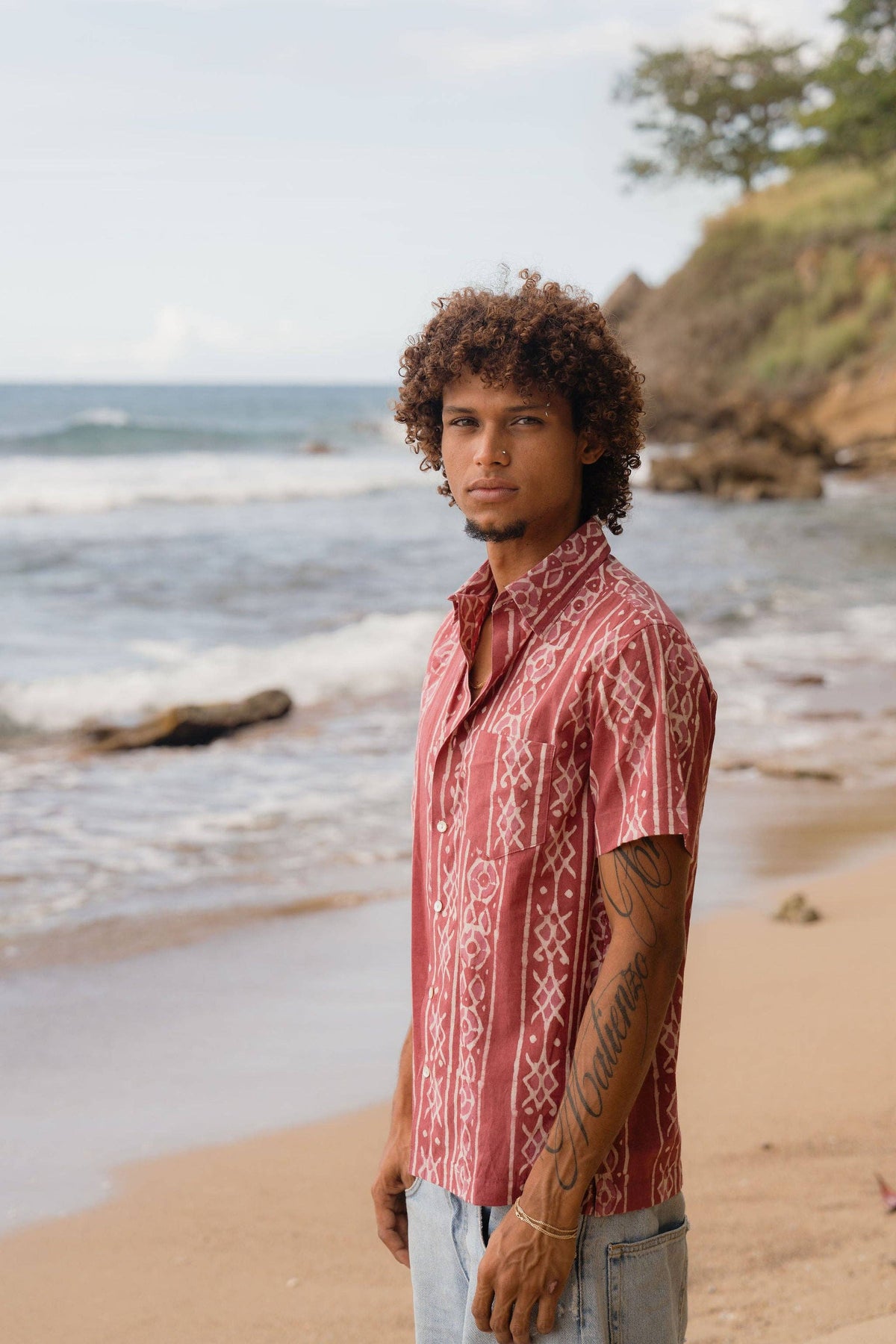Mens Short Sleeve Button Down - ORGANIC COTTON - Brick Mezcal