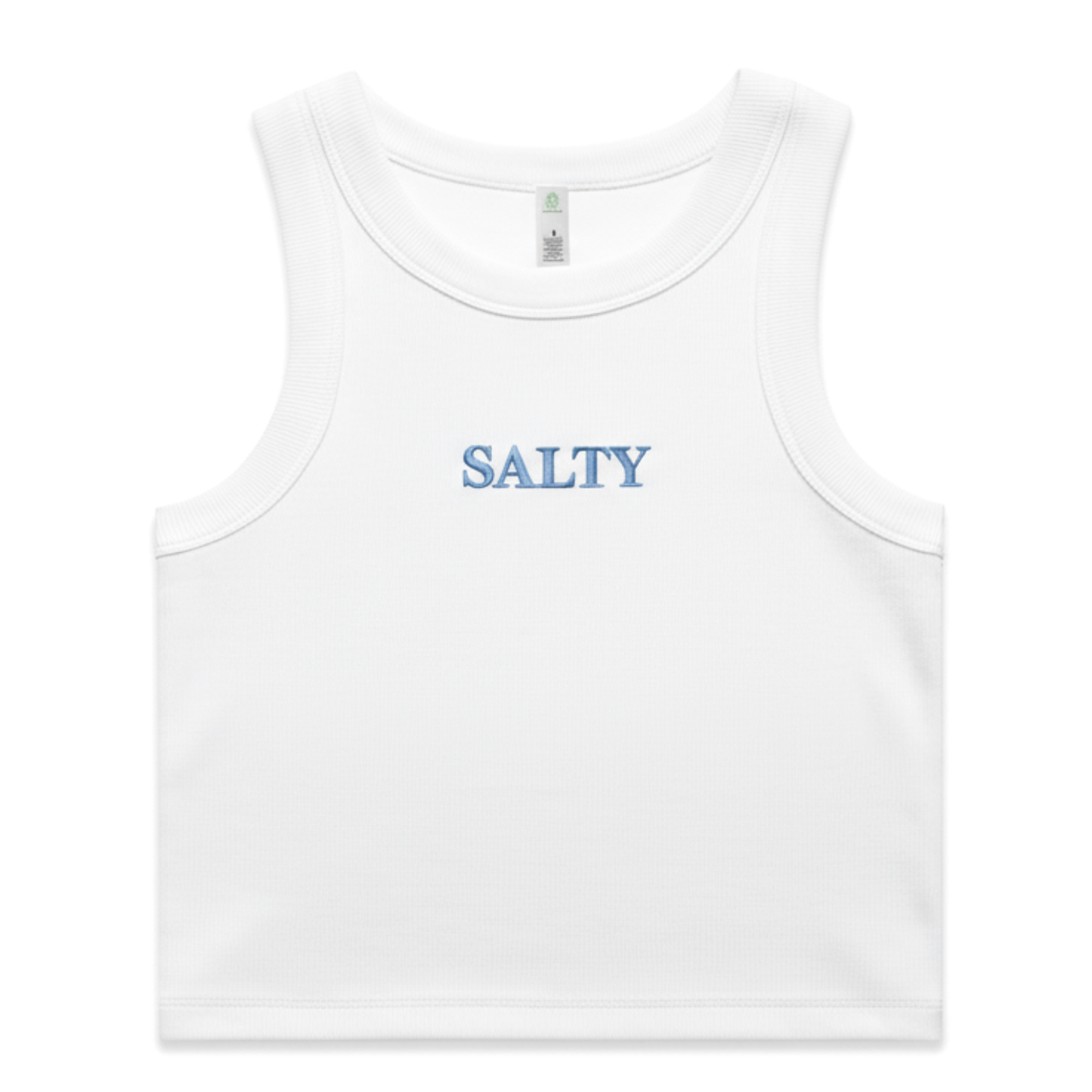 SALTY Organic Crop Ribbed WHITE -  Sky Blue Embroidery