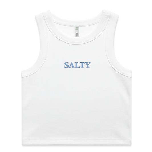 SALTY Organic Crop Ribbed WHITE -  Sky Blue Embroidery