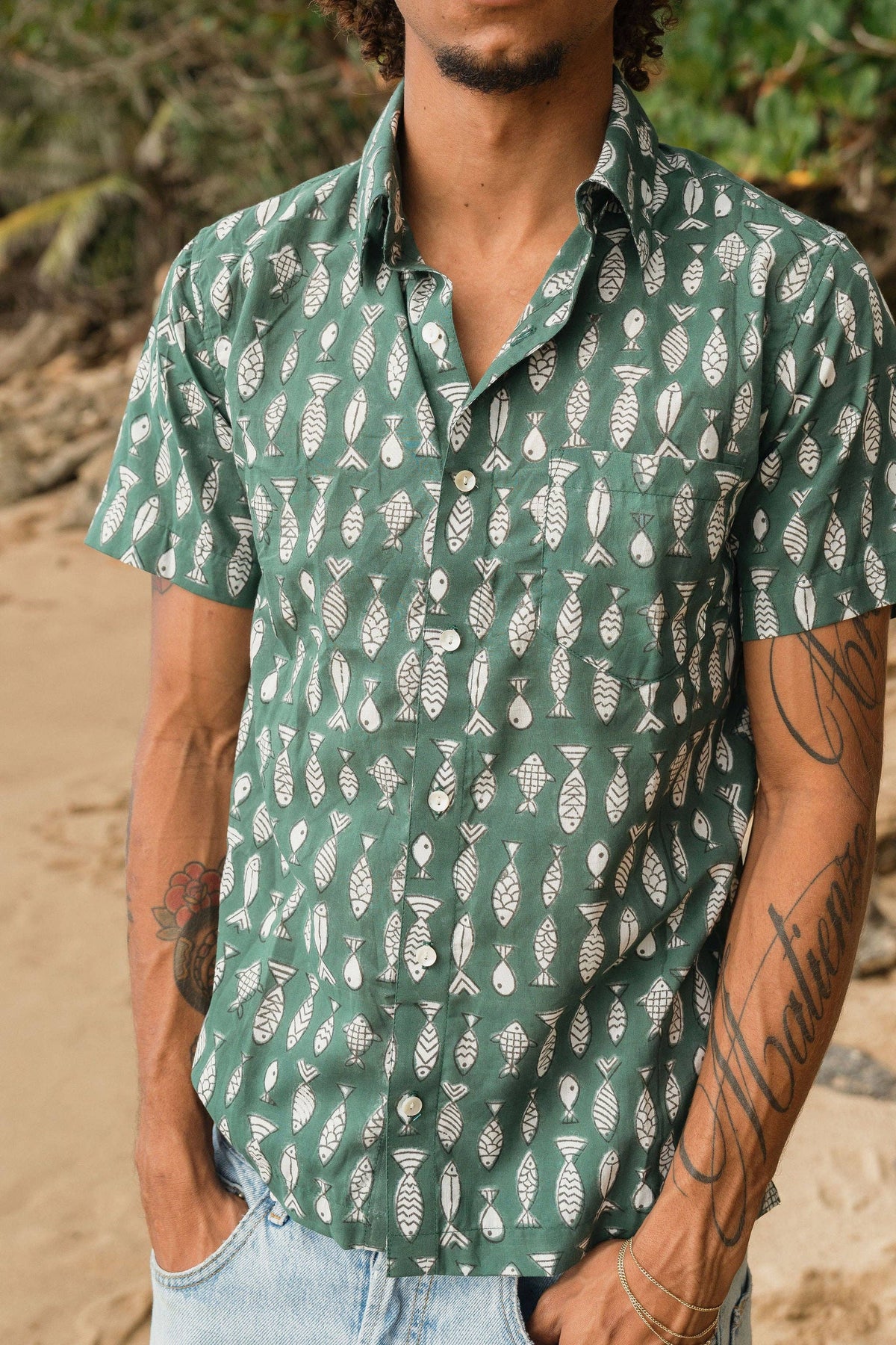 Mens Short Sleeve Button Down - ORGANIC COTTON - Pescado