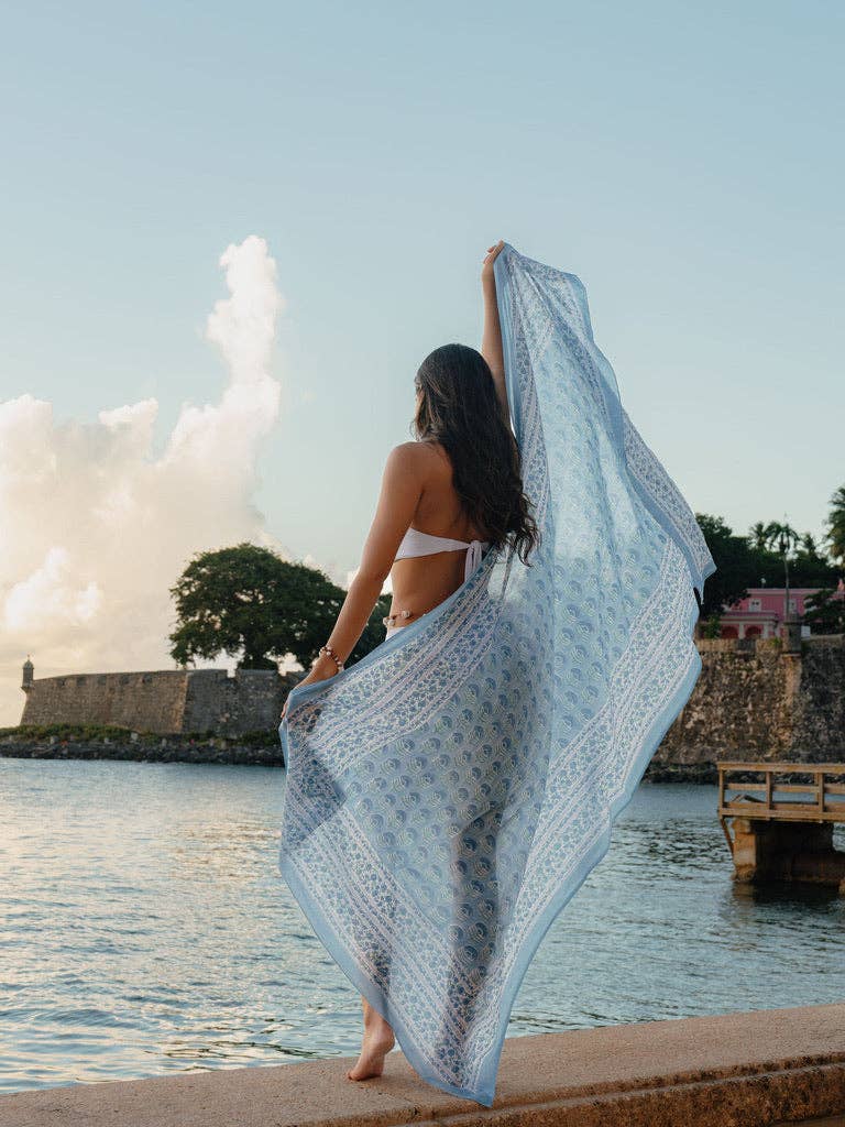 Guava Sarong | Sea Mist | Hand Block Printed Cotton Voile Sarong