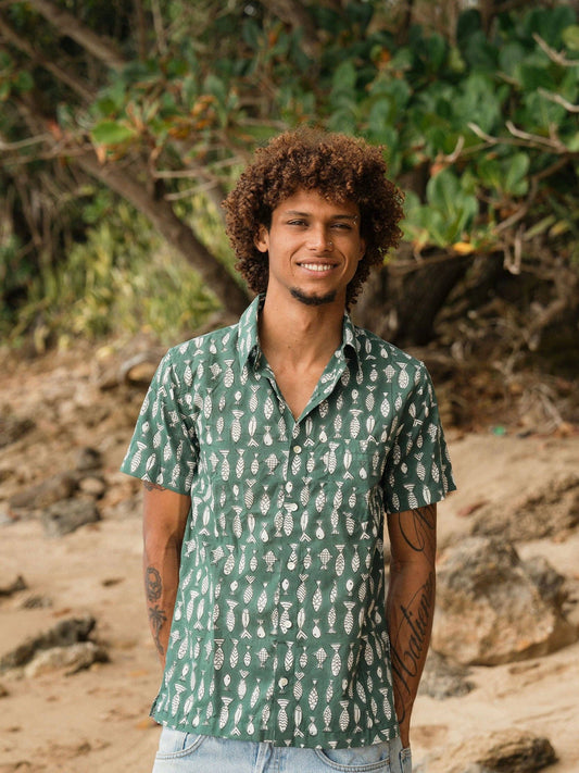 Mens Short Sleeve Button Down - ORGANIC COTTON - Pescado