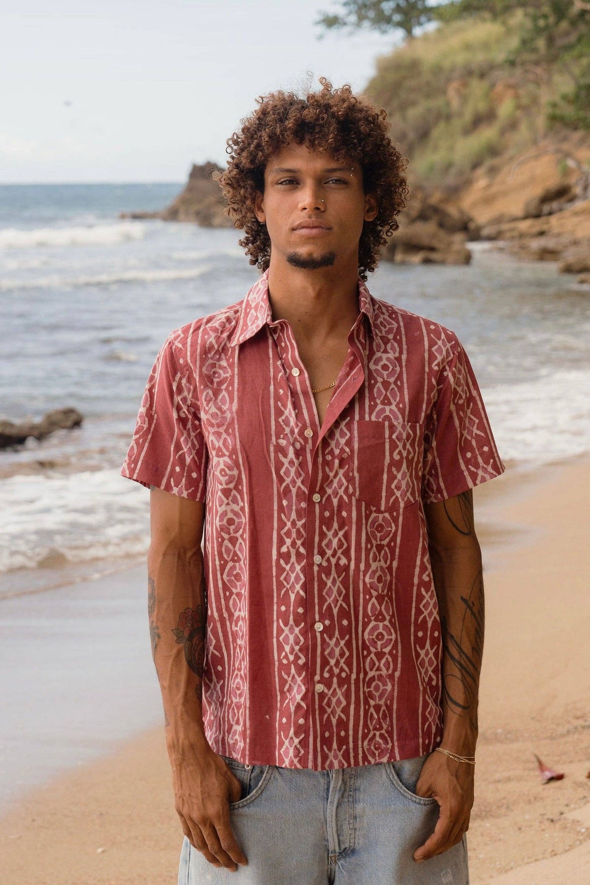 Mens Short Sleeve Button Down - ORGANIC COTTON - Brick Mezcal
